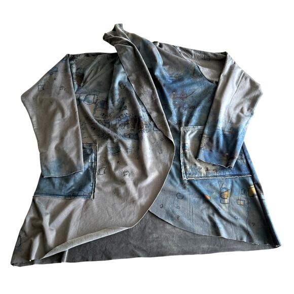 3Potato Art to Wear Lagenlook Plush Lined Printed Shawl Collar Open Cardigan M/L - Picture 4 of 9